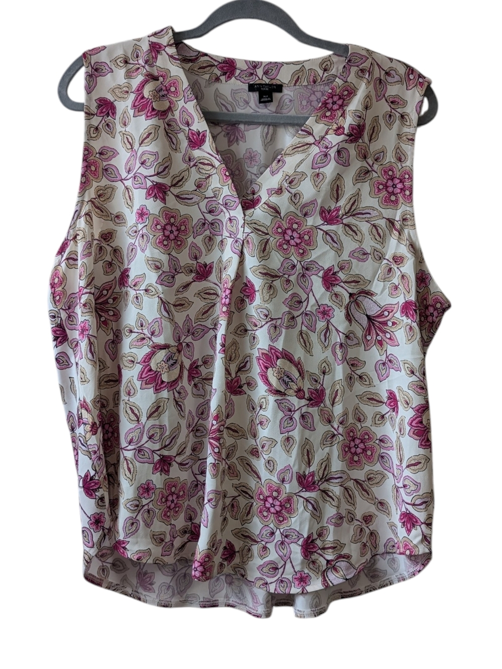 ANN TAYLOR WOMEN'S CREAM & PINK FLORAL SLEEVELESS V-NECK BLOUSE SIZE XLP